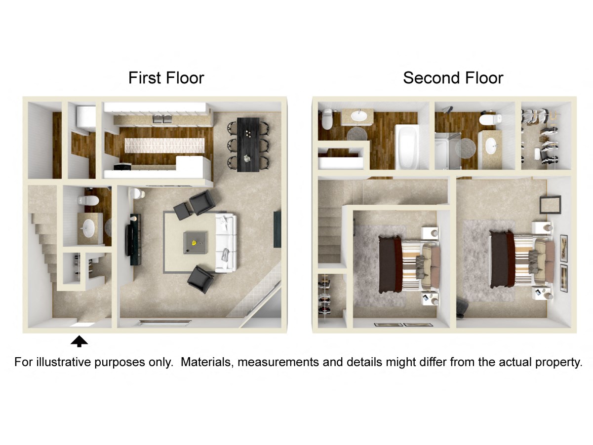 Floor plan for 2 beds, 2.5 baths, 1300 sqft
